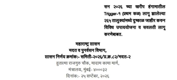 सन २०२६ च्या खरीप हंगामातील (प्रथम कळ) लागू झालेल्या २६५ तालुक्यांमध्ये दुष्काळ जाहीर करुन विविध उपाययोजना व सवलती लागू करणेबाबत शासन निर्णय Dushkal Jahir GR